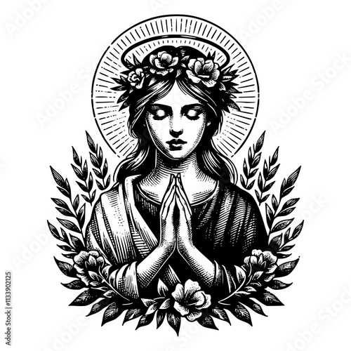 A woman is praying with her hands together in front of a flowery crown. The image has a serene and peaceful mood, with the woman's pose and the flowers surrounding her