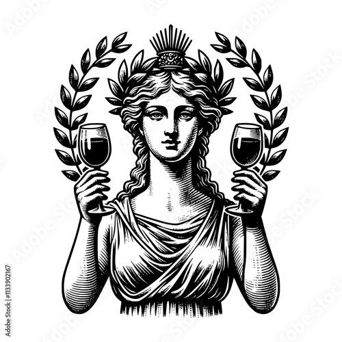A woman holding two wine glasses in her hands. The woman is wearing a crown and is surrounded by leaves. Concept of celebration and festivity