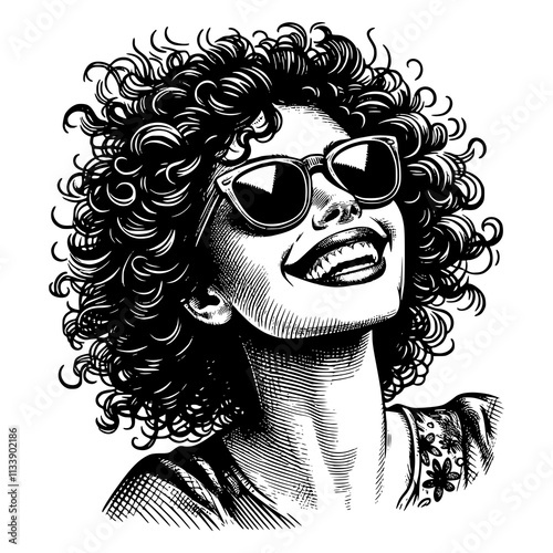 A woman with curly hair is smiling and wearing sunglasses. Concept of happiness and carefree attitude