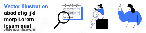 Key elements of team collaboration, including a calendar, magnifying glass, and characters engaging in planning. Ideal for scheduling, organization, teamwork, productivity, project management office