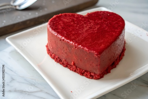 A decadent red velvet cake shaped like a heart, elegantly placed on a plate. Rich, moist layers with cream cheese frosting, perfect for any romantic or special occasion. photo