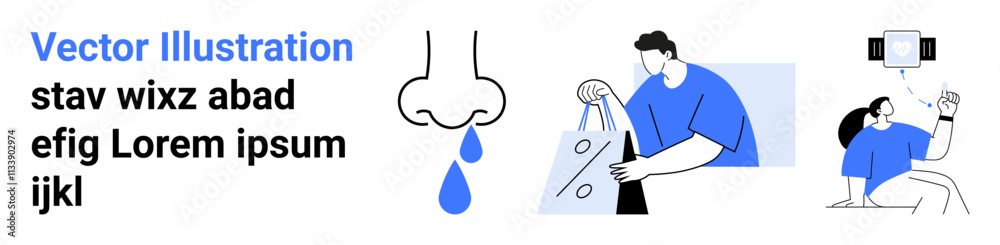 Person shopping with bags, another person resting with phone, nose sneezing. Ideal for e-commerce, health awareness, lifestyle blogs, digital marketing, relaxation apps, online shopping healthcare Person shopping with bags, another person resting with phone, nose sneezing. Ideal for e-commerce, health awareness, lifestyle blogs, digital marketing, relaxation apps, online shopping healthcare
