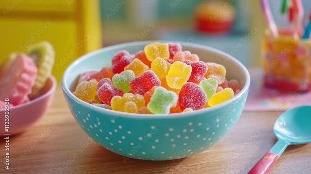 A kid-friendly fruit salad with colorful gummy fruits mixed in, placed in a small bowl on a wooden table, with cheerful decor A kid-friendly fruit salad with colorful gummy fruits mixed in, placed in a small bowl on a wooden table, with cheerful decor