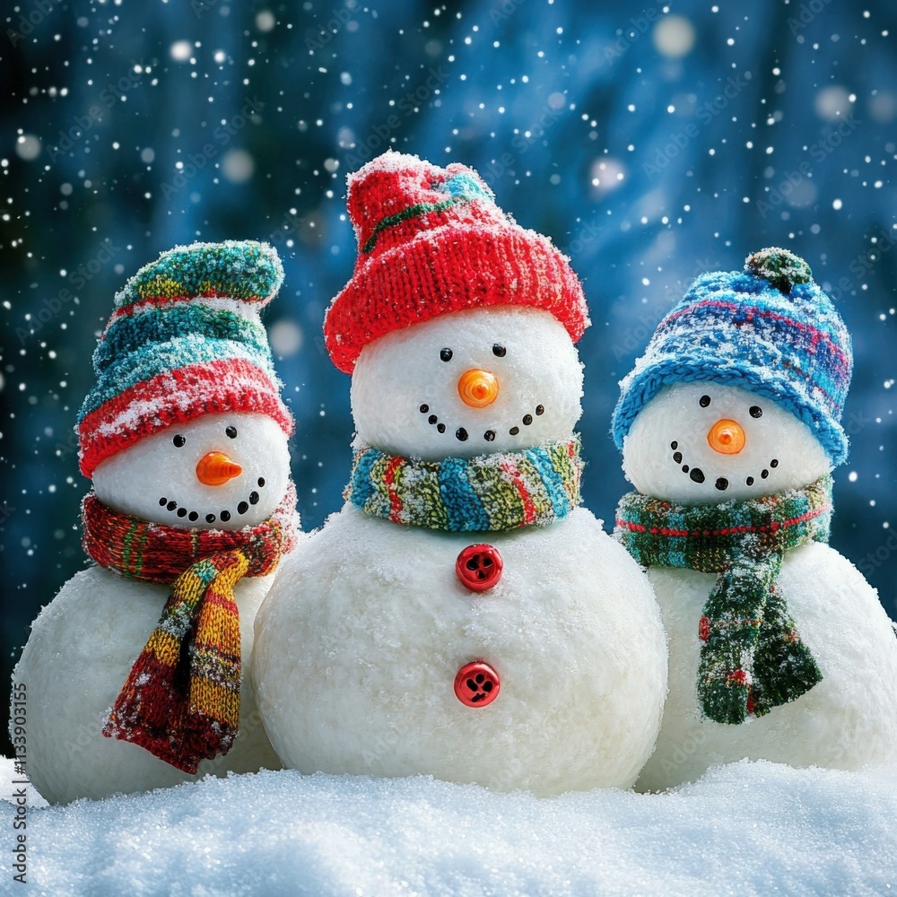 three cheerful snowmen in winter wonderland