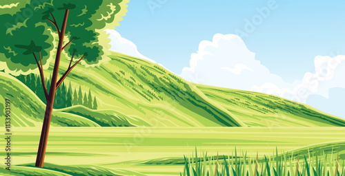 A tree stands tall in a stretch of green field with rolling hills in the background.