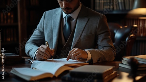 A legal consultant in formal attire discussing strategies with clients, with law books and documents on the table