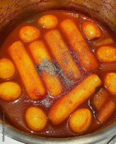 Spicy Korean tteokbokki with chewy rice cakes in a vibrant red sauce, topped with sesame seeds and green onions. A popular street food known for its addictive flavor and satisfying texture.
 photo