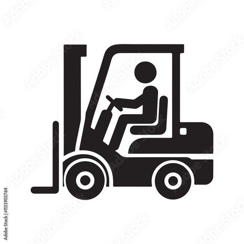 Simple black and white forklift icon with driver.