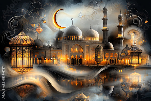 Ramadan Kareem greeting background, crescent moon, Iftar concept greeting image, Eid, fasting. Hari Raya card. Eid al-Fitr decoration. Breaking of holy fast day. Muslim holiday.
 photo