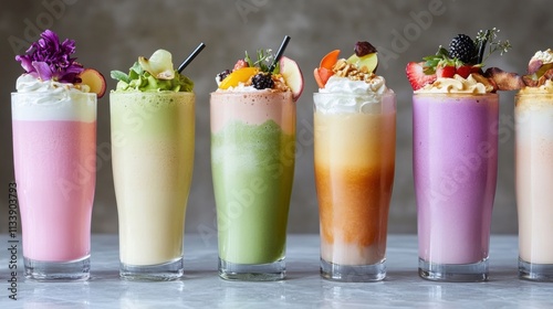 A lineup of gourmet milkshakes with exotic flavors like matcha, taro, and passion fruit, in tall, clear glasses with artistic presentations photo