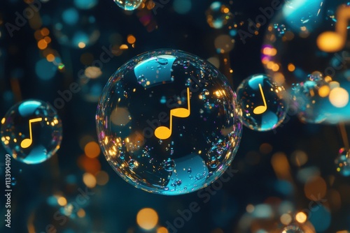 Musical notes formed by soap bubbles floating in air, rainbow prism lighting, iridescent details, with copy space photo