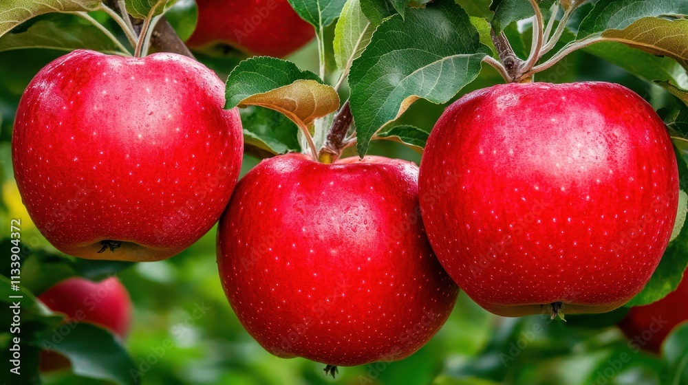 Obraz premium Fresh Red Apples Hanging on Tree Branch in Orchard Environment