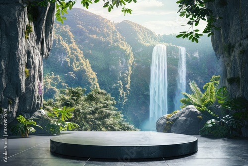 Modern Podium for Product Presentation with Mountain and Waterfall Background