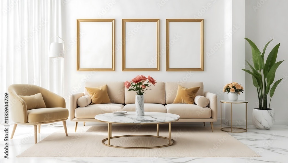 Obraz premium Mock up frame in trendy farmhouse interior and green plant on beige background design