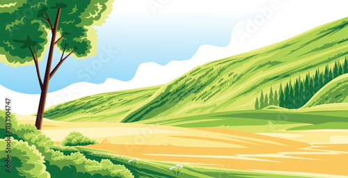 forest scene with trees standing in the background of green hills and clear sky