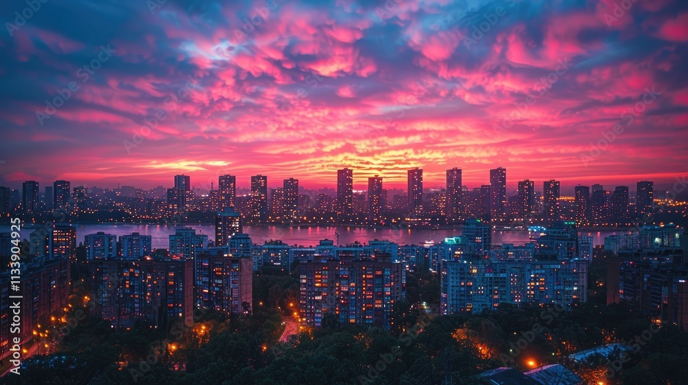 Obraz premium Aerial view of a city skyline from a rooftop at sunset, capturing the city lights and buildings against the colorful sky, urban environment, cinematic lighting