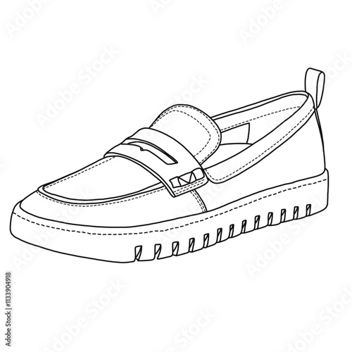 Women's Slip-on Loafer with strap Shoes Line art, Technical sketch hand drawing outline vector doodle side isometric view isolated on white background for coloring page