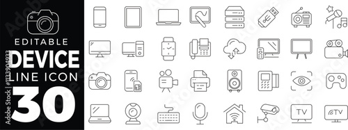 Devices set of web icons in line style. Electronic devices and gadgets icons for web and mobile app. Smart devices, technology, computer monitor, smartphone, tablet, laptop, drone. Vector illustration