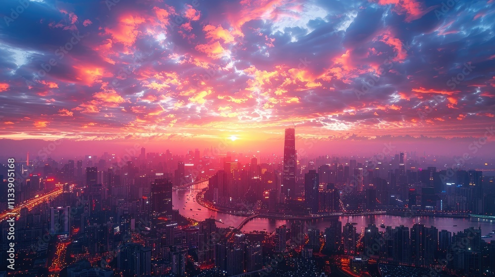 Fototapeta premium Aerial view of a city skyline from a rooftop at sunset, capturing the city lights and buildings against the colorful sky, urban environment, cinematic lighting