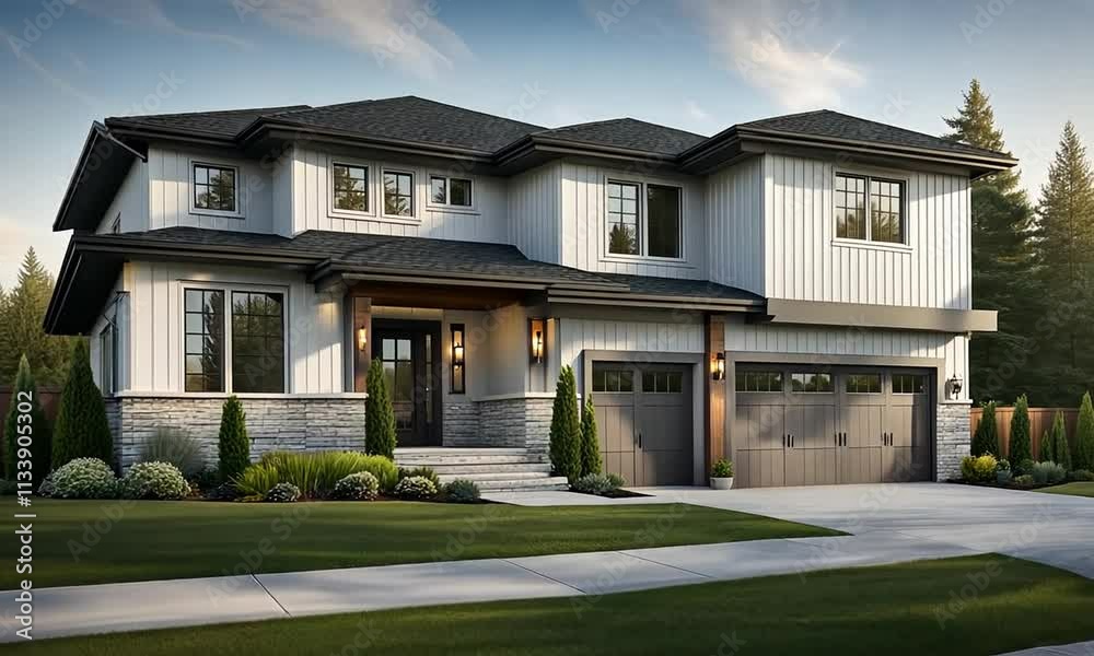 Modern two-story house with gray siding, stone accents, and a double garage. Modern two-story house with gray siding, stone accents, and a double garage.