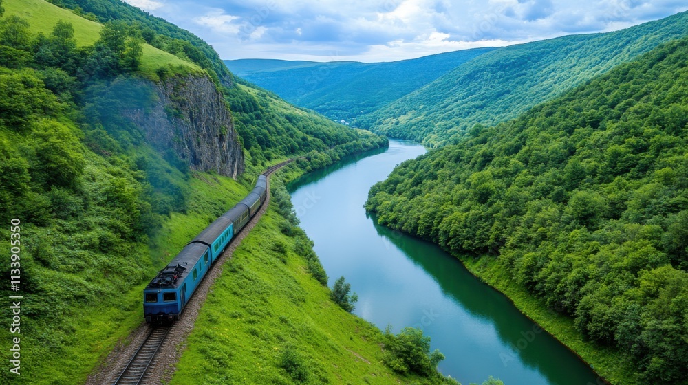 Fototapeta premium Scenic train journey along a serene river mountainous landscape nature photography aerial view tranquil exploration