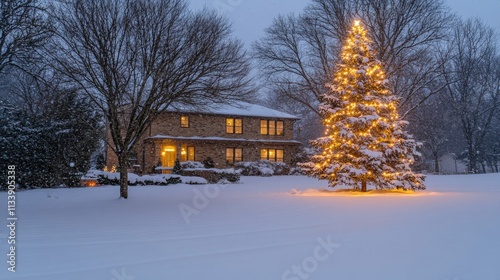 A snow covered home with a lit Christmas tree