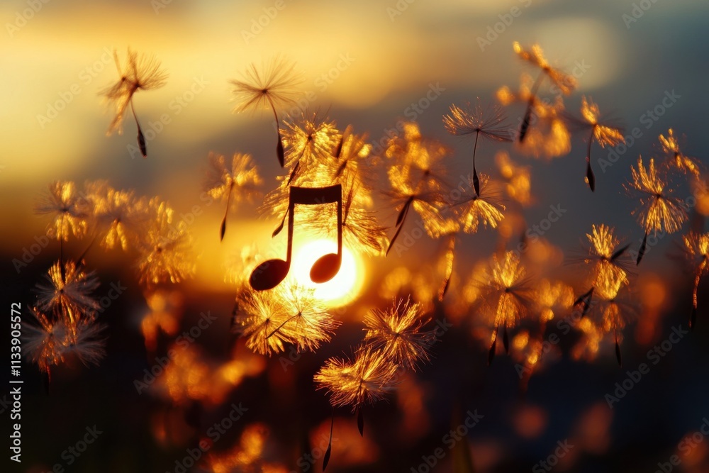 Musical notes made from dandelion seeds floating, backlit sunset light, seed detail, with copy space Musical notes made from dandelion seeds floating, backlit sunset light, seed detail, with copy space