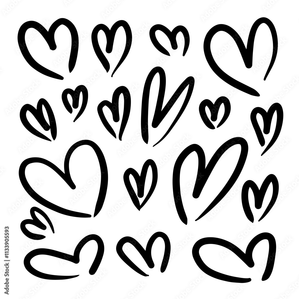 Set of heart shape doodle isolated on white background.
