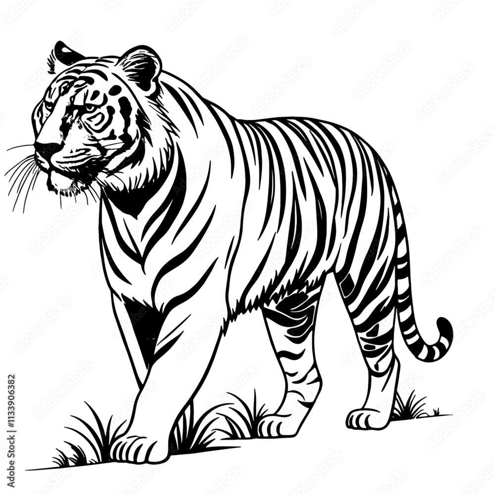 Obraz premium Majestic white tiger vector illustration in clean, detailed style with bold stripes and piercing blue eyes. Stylized wildlife artwork with a strong, elegant pose