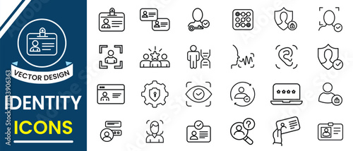 Identity icon, vector set. Identity line icon set.  ID card, fingerprint, biometric, identification, passport, DNA icon. Vector illustration.