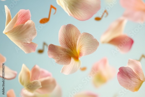 Musical notes made from floating flower petals, soft natural lighting, petal texture detail, with copy space