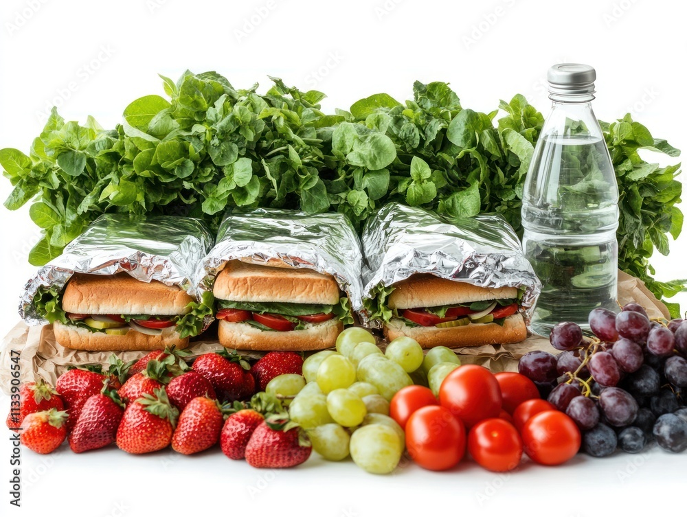 A healthy meal setup featuring sandwiches, fruits, and water for a nutritious lunch. A healthy meal setup featuring sandwiches, fruits, and water for a nutritious lunch.