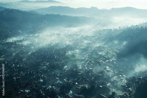 Aerial View of Terraced Rice Fields with Geometric Patterns and Diffused Lighting, Shrouded in Misty Valleys, Capturing Serene Landscapes in a Tranquil Environment