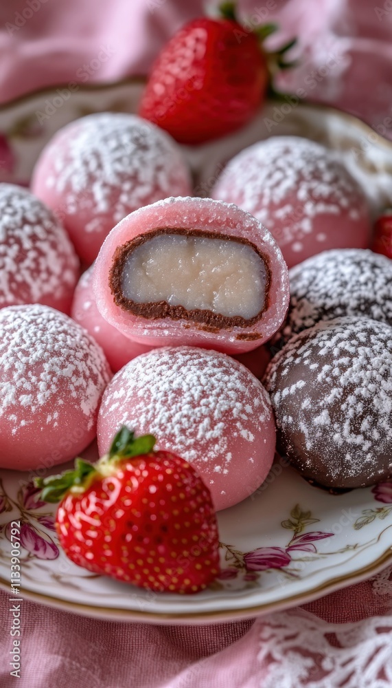 A plate of colorful mochi desserts with strawberries, showcasing sweet treats for enjoyment. A plate of colorful mochi desserts with strawberries, showcasing sweet treats for enjoyment.