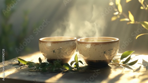 A pair of elegant ceramic cups filled with steaming green tea, surrounded by fresh green tea leaves, with gentle sunlight illuminating the scene