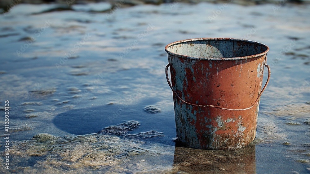 Rusty Bucket on the Seashore: A Weathered Coastal Scene Rusty Bucket on the Seashore: A Weathered Coastal Scene