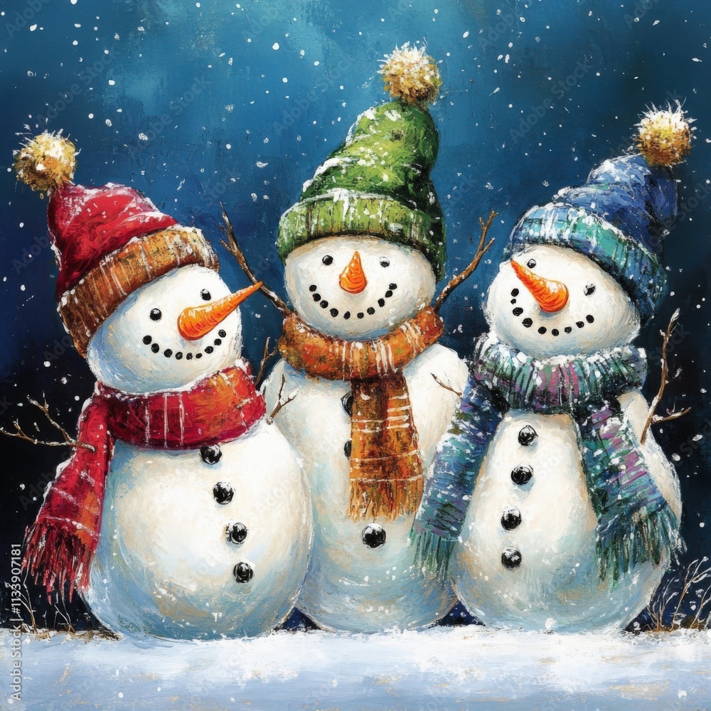 three cheerful snowmen in winter scenery three cheerful snowmen in winter scenery
