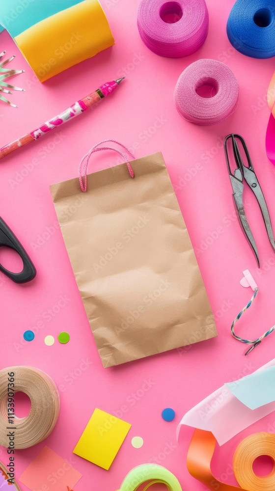 A brown paper gift bag surrounded by colorful craft supplies on a pink background. A brown paper gift bag surrounded by colorful craft supplies on a pink background.