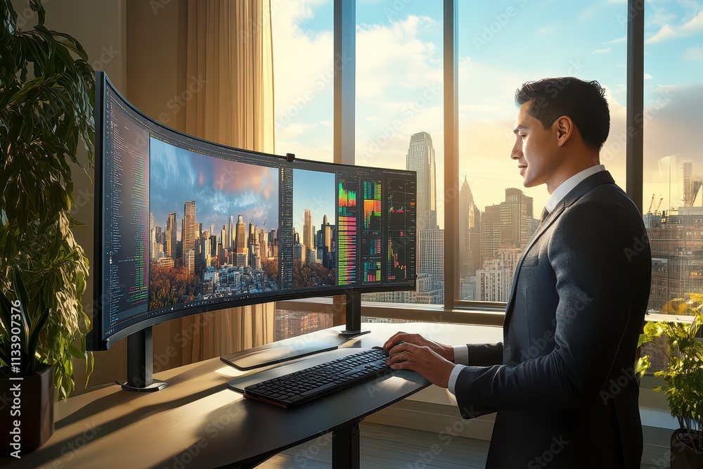 A professional man working at a dual-monitor setup with a city view. A professional man working at a dual-monitor setup with a city view.