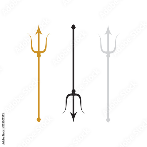 Set of Trident icons in gold, silver and black. Devil pitchfork collection isolated. Demon tridental spear. Flat and minimal vector illustration