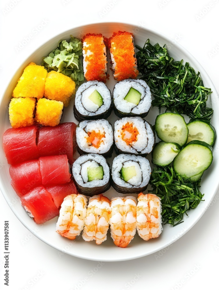 A colorful sushi platter featuring various rolls, sashimi, and garnishes. A colorful sushi platter featuring various rolls, sashimi, and garnishes.