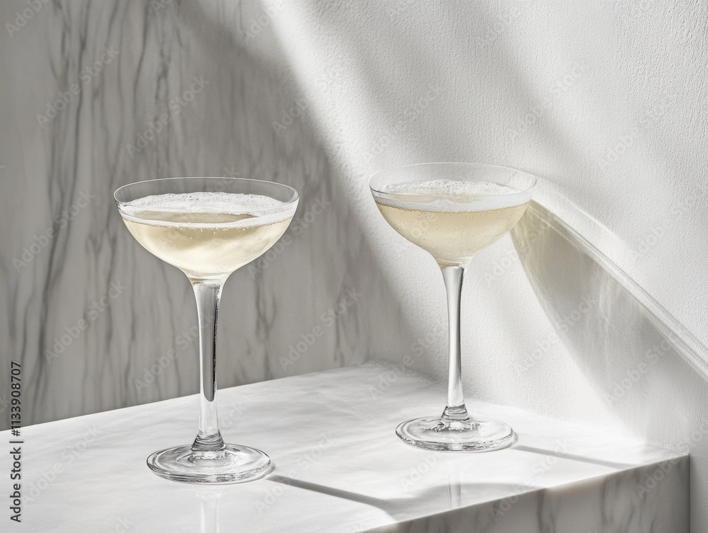 A refined setup of two champagne glasses with effervescent champagne on a smooth white surface, showcasing a celebration of modern elegance A refined setup of two champagne glasses with effervescent champagne on a smooth white surface, showcasing a celebration of modern elegance