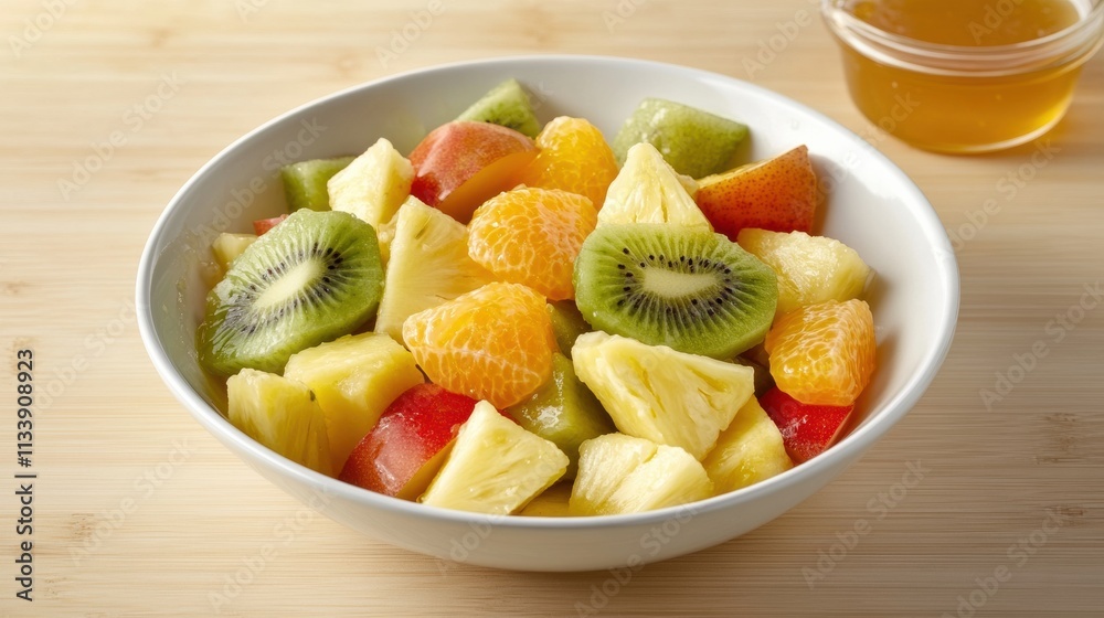 A refreshing bowl of fruit salad with oranges, kiwis, and pineapple, served with a side of honey, on a light wooden table A refreshing bowl of fruit salad with oranges, kiwis, and pineapple, served with a side of honey, on a light wooden table