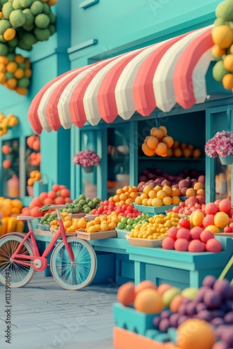 A colorful low-poly 3D rendering of a fruit stand with a red bicycle parked in front. photo