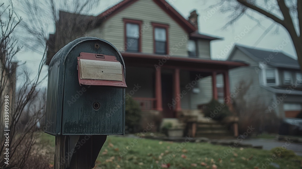 Weathered Mailbox Stands Before Suburban House Weathered Mailbox Stands Before Suburban House