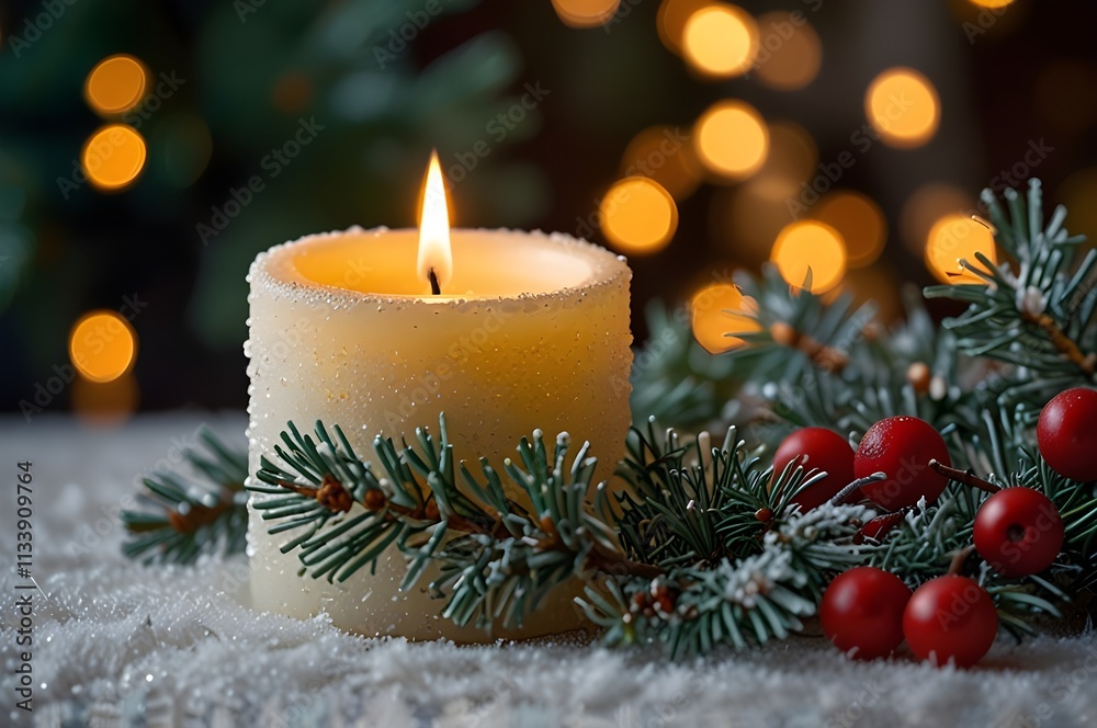 A lit candle on a background of Christmas decorations. A lit candle on a background of Christmas decorations.