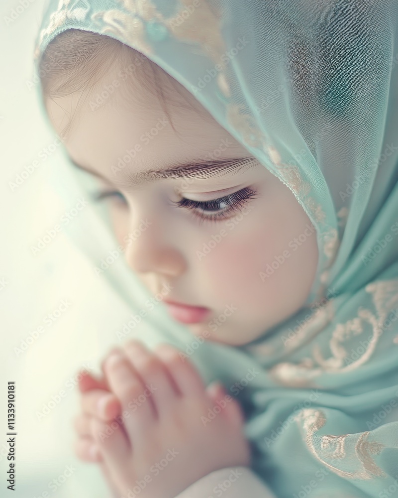 Fototapeta premium Innocence and Serenity: A Young Girl in Prayer, Captured in Soft Pastel Hues