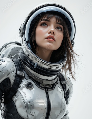 Female astronaut in white space suit helmet. Suitable for science fiction book covers, space exploration graphics, and technology designs. photo