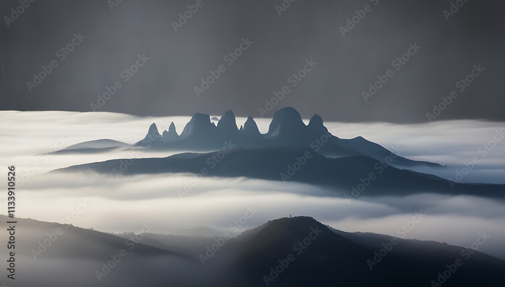 Fototapeta premium “Foggy Mountain Landscape on a Solid Background” – A misty mountain silhouette surrounded by layers of dense fog, presented on a solid gray background to evoke a serene and mysterious atmosphere. 
