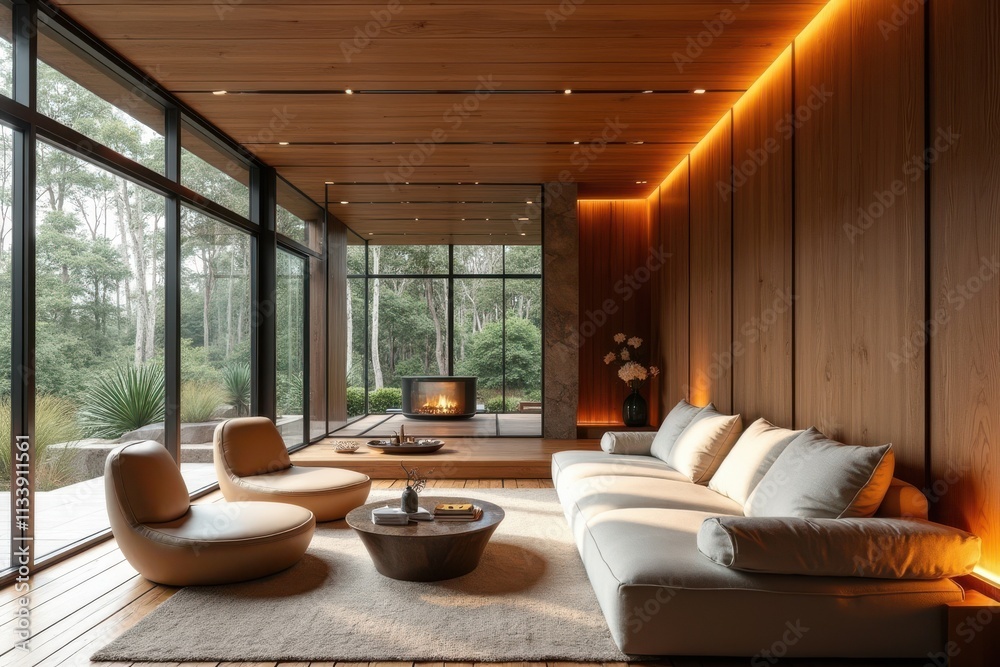 Modern Living Room with Cozy Fireplace and Natural Light Modern Living Room with Cozy Fireplace and Natural Light
